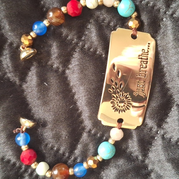 Gold 'Just Breathe' Multi Gemstones Beaded Bracelet - Picture 2 of 4